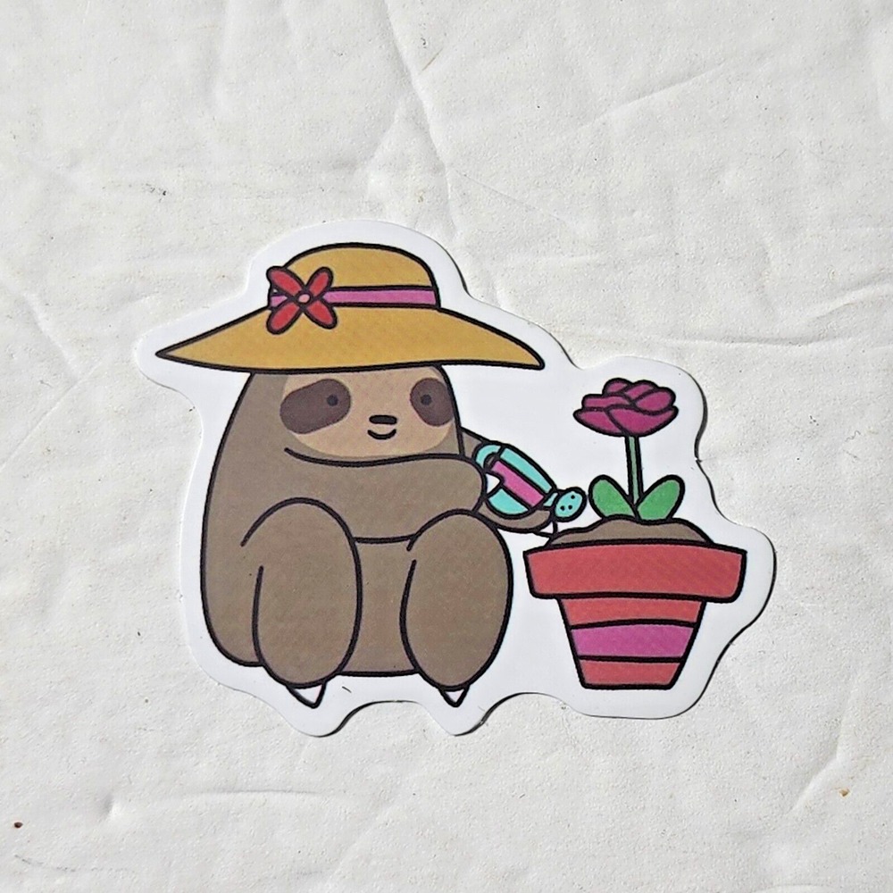 Sloth Watering Flower Pot in Sun Hat Vinyl Sticker Decal 2x2 inch New